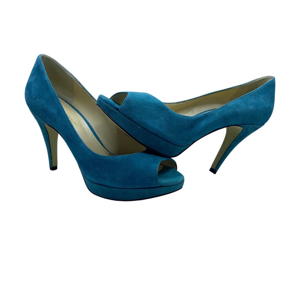 Y2K Baddie Clubcore Playful Chic Teal Suede Peep Toe Designer 4" Pumps